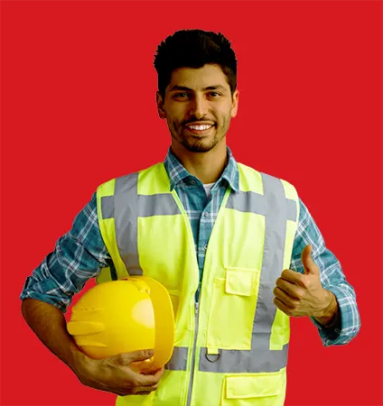 happy industrial worker with safety helmet in hand and thums up